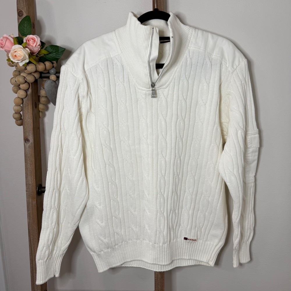 Blue Willi's Mens Cream Cable Knit Quarter Zip Sweater Size Large - Picture 2 of 11